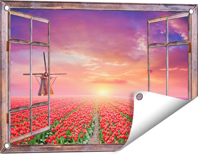 Gards Tuinposter Doorkijk Rode Rozen Bloemenveld met een Windmolen - 60x40 cm - Tuindoek - Tuindecoratie - Wanddecoratie buiten - Tuinschilderij