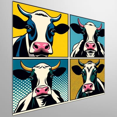 Pop art koeien schilderij | Blije boerderijdieren: levendige Pop Art koeien op doek tentoongesteld | Kunst - 80x80 centimeter op Dibond | Foto op Dibond