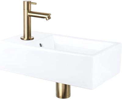 Differnz Force Fonteinset - Wasbak Glans wit Keramiek - Rechte Kraan Mat Goud - Complete Set - 40 x 22 x 11.5 cm