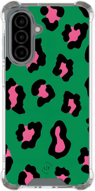 Shockproof hoesje - Geschikt voor Samsung Galaxy A56 - Luipaard groen roze - Extra sterke case - TPU/polycarbonaat - Luipaardprint - Groen, Transparant