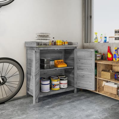 Wishdor - Tuinkast Met Planttafel - 2 Binnenvakken En Dubbele Deur - Voor Tuin - Hout En Metaal - Grijs - 92 Cm