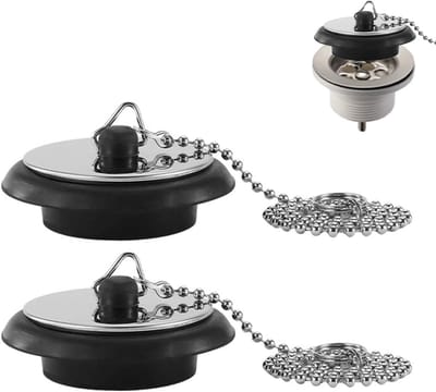 2x Universele Badkamer Verstopping & Wastafel Stop Universeel met 40cm RVS Ketting (Diameter 4.2-4.5 cm)