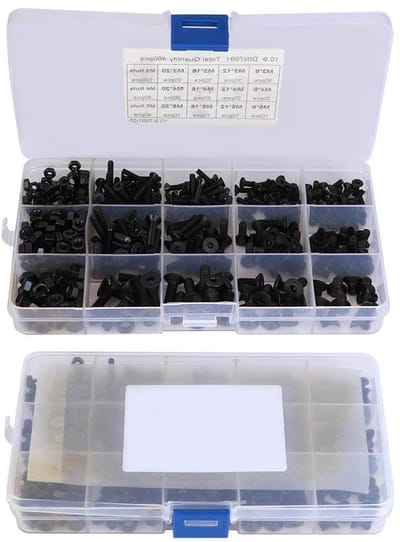 Assortiment van 460 Stuks Zeskantige Schroeven en Moeren - M3, M4, M5 Carbon Staal met Platte Kop en Opbergdoos