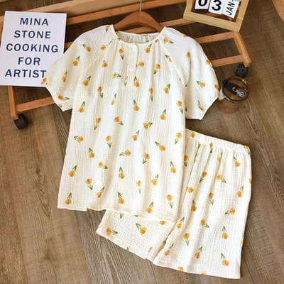 Zoete Frisse Dubbele Gaas Kreukelige Katoenen Korte Broek Pyjamasets Dames Zomer Korte Mouwen Pyjama's M brown