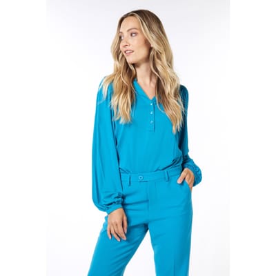 EsQualo Top Modal V-neck Button Petrol Maat: S | Longsleeves Outlet | Dames | Blauw