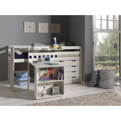 LUCEVI - Pino Halfhoogslaper + Ladder + Bureau + Commode 4 laden + Hangplank - Wit - 90x200 cm