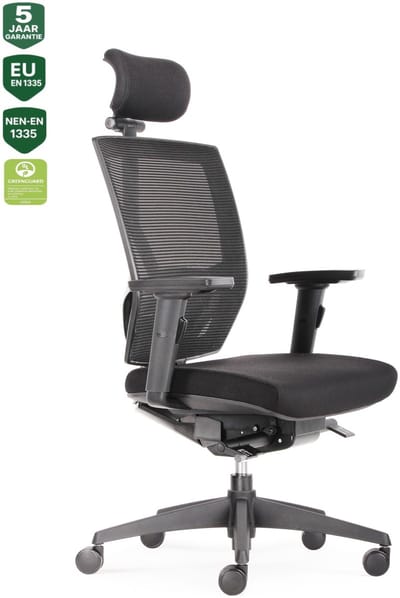 BENS 807H-Synchro-3 - Zwarte Luxe Ergonomische Bureaustoel - Volwassenen - met Hoofdsteun - Uitermate geschikt voor langere personen - Kantoorstoel - GREENGUARD GOLD - NEN-EN1335 & ARBO normen
