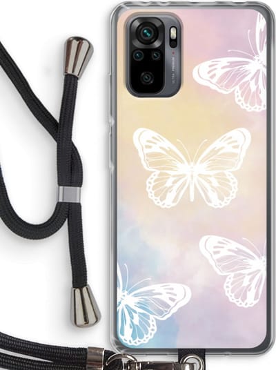 Case Company® - Hoesje met koord geschikt voor Xiaomi Redmi Note 10 Pro hoesje met Koord - White butterfly - Telefoonhoesje met Zwart Koord - Bescherming aan alle Kanten en Over de Schermrand