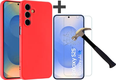 Hoesje geschikt voor Samsung Galaxy S25 hoesje zacht siliconen met gehard glas Screenprotector- Arara backcover - Rood