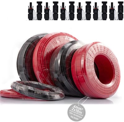 Zonnepaneel Kabel - Verlengsnoer Set - Energie Installatie - TÜV Gecertificeerd - 4 mm² 20 m - Zwart Rood