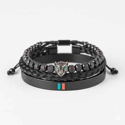 Set van 3 zwarte heren armbanden – kralenarmband met panterkop, gevlochten armband en metalen bangle met kleuraccent