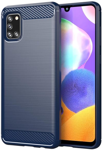 Cadorabo Hoesje geschikt voor Samsung Galaxy A31 in BRUSHED BLAUW - Beschermhoes van flexibel TPU siliconen in roestvrij staal-carbonvezel look Case Cover