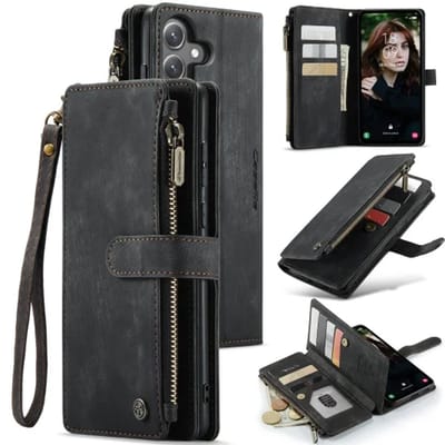 CaseMe - Hoesje geschikt voor Apple iPhone 17 - Vintage Wallet Book Case Ritssluiting - Met Magneetsluiting - Zwart