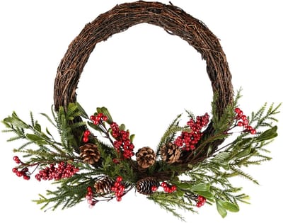 Dekoratief | Krans m/besjes/dennenappels, groen/rood/naturel, 46x61x11cm | A225492