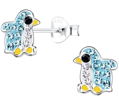 Joy|S - Zilveren pinguin oorbellen - 7 x 8 mm blauw wit geel met kristalletjes - kinderoorbellen