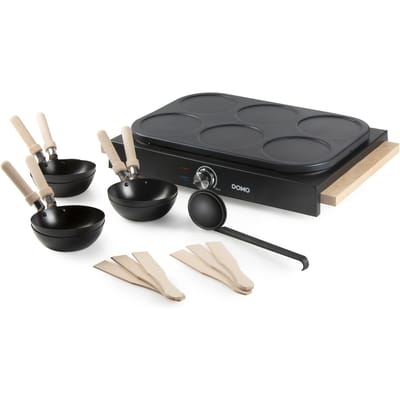 DOMO DO8719W Wok party set - 6 personen - Ook voor pannenkoeken - 1000 W - Houten handvaten