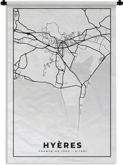 Wandkleed - Wanddoek - Frankrijk - Plattegrond - Hyères - Stadskaart - Kaart - Zwart wit - 120x180 cm - Wandtapijt