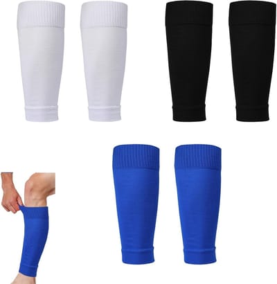 Voetbalscheenbeschermers voor kinderen - Sportkousen en beschermhoezen - 3 paar in zwart en blauw, 31x9 cm, geschikt voor jeugdtraining van 130-150 cm