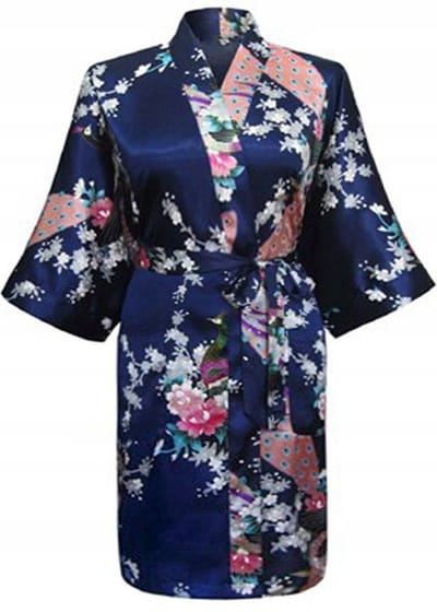 KIMU® Kimono Donkerblauw Kort - Maat XS-S - Yukata Satijn Boven de Knie - Korte Donkerblauwe Ochtendjas Japanse Kamerjas Sexy Satijnen Badjas Geisha Festival