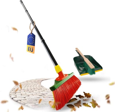 Novaliv klauwbezem met steel 30 cm inclusief buitenveegset, speciale bezem met gebogen borstelharen, rood en geel - ideaal als tuinbezem, schraapbezem, kunstgrasbezem, ideaal voor op de camping