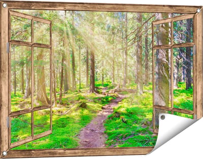 Gards Tuinposter Doorkijk Pad in Bos met Zon tussen de Bomen - 90x60 cm - Tuindoek - Tuindecoratie - Wanddecoratie buiten - Tuinschilderij