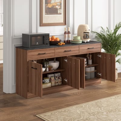 Keukenkast / Sideboard - 76,5x160x37 cm - 3 Laden met Verstelbare Planken - Keukeneiland met Betonwerkblad - MDF - Noten