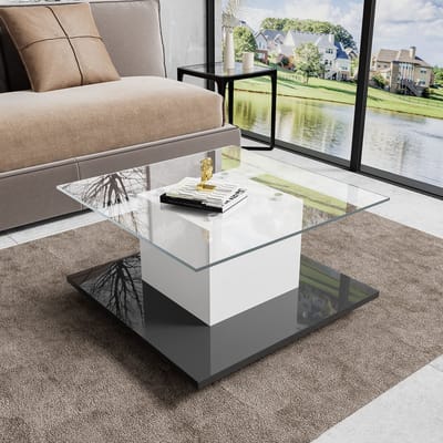 REDOM Salontafel met gehard glas, hoogglans zwart-wit, instelbare LED-kleuraccenten en zwenkwielen