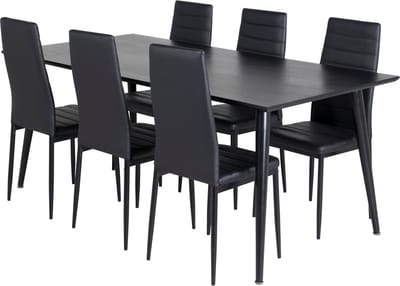 Dipp180x90BLBL eethoek eetkamertafel zwart en 6 Slim High Back eetkamerstal PU kunstleer zwart.