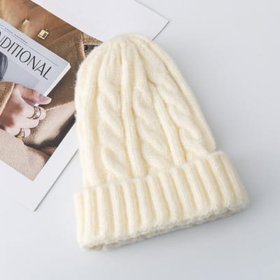 Nouvelles Couleurs Bonbon Tendance Kpop Bonnet Torsadé en Laine Automne et Hiver Casquette pour Femme Garder au Chaud Chapeau d'Hiver Fil Peluche Tricoté 54cm-58cm blanc