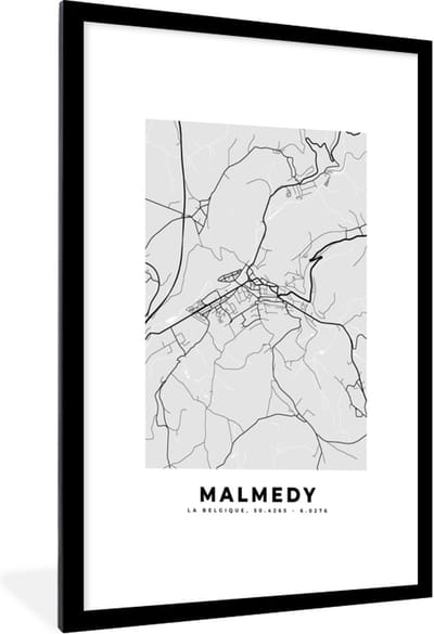 Fotolijst incl. Poster Zwart Wit- Kaart – Plattegrond – Stadskaart – Malmedy – België – Zwart Wit - 60x90 cm - Posterlijst