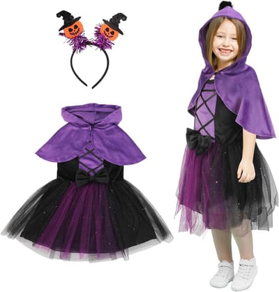 Meisjes Prinsessenjurk met Tovenaarsponcho en Kap in Paars, Tulle en Sequins voor Halloween en Feestjes, Geschikt voor Kinderen van 1-6 Jaar