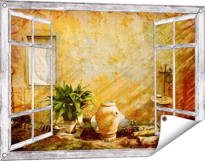 Gards Tuinposter Doorkijk Oude Stenen Muur - 90x60 cm - Tuindoek - Tuindecoratie - Wanddecoratie buiten - Tuinschilderij