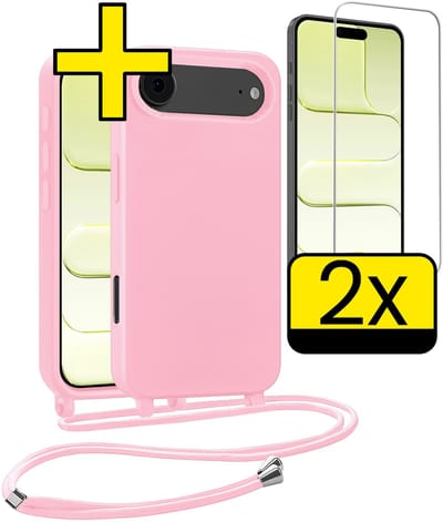 Hoesje Geschikt voor iPhone Air Hoesje Met Koord Met 2x Screenprotector Siliconen Case - Hoes Geschikt voor iPhone Air Backcover Met Afneembaar Koord - Lichtroze