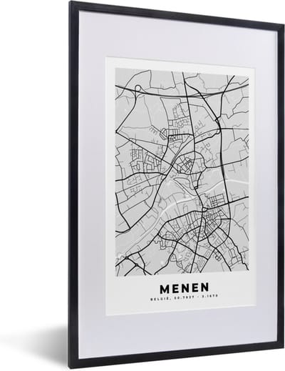 Fotolijst incl. Poster Zwart Wit- Stadskaart – Zwart Wit - Kaart – Menen – België – Plattegrond - 40x60 cm - Posterlijst