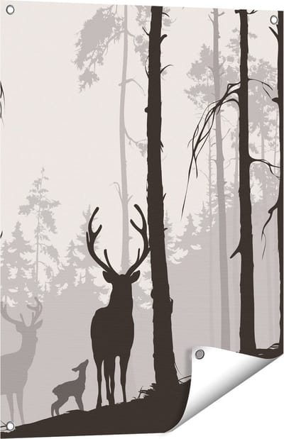 Gards Tuinposter Herten in het Bos - Silhouet - 60x80 cm - Tuindoek - Tuindecoratie - Wanddecoratie buiten - Tuinschilderij