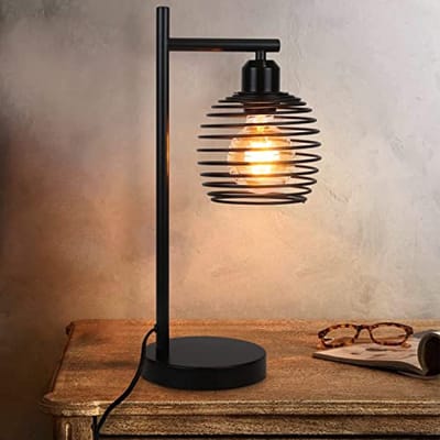 Glitzerlife - Tafellamp Bedlampje Bureaulamp - Vintage Industrieel Retro - Metaal Tafellamp - E27 Fitting Max 60W - Veervormige Lampenkap - Metaal - Ø15cm - Zwart