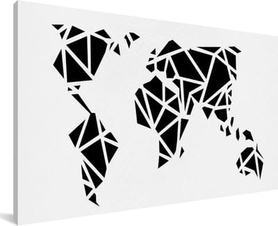 Grote wanddecoratie - Wereldkaart zwart wit - kunst - artistiek - canvas - 200x100 cm - XXL decoratie