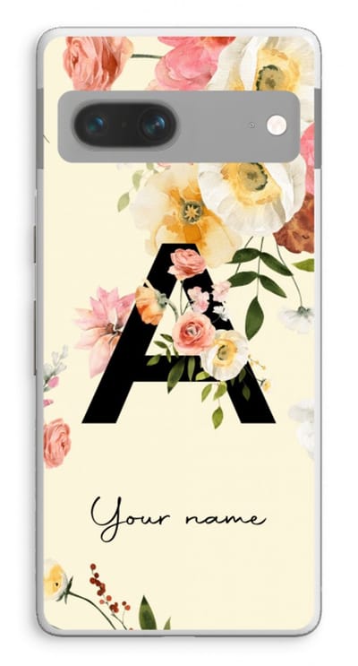 Gepersonaliseerd - Case Company® - Hoesje geschikt voor Google Pixel 7 hoesje - Flirty Flowers Monogram - Soft Cover Telefoonhoesje - Bescherming aan alle Kanten en Schermrand