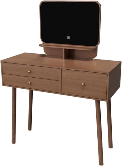 Kaptafel met Spiegel - Make-up Tafel Commode - Make-up en Opbergen - Verstelbare LED Verlichting - 80cm Breed - Walnoot