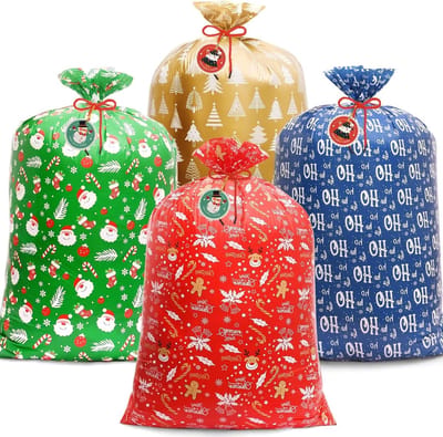 16/32 Geschenkzakjes met Trekkoord voor Kerst, Cadeauzakjes, Herbruikbare Geschenken, Kerstmanzakjes (L-4 stuks)