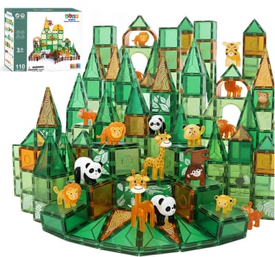 Magnetic Tiles - Speelgoed - 110 Stuks - Magnetische Tegels - Jungle - Dieren - Educatief & Constructie - Montessori - Bouwstenen - Bouwblokken - Bouw je Magna Wereld - Voor 3, 4, 5, 6, 7, 8, 9 Jaar - Kinderen - Olvy