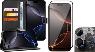 Hoesje geschikt voor iPhone 16 Pro - Screenprotector Volledig Dekkend Glas & Camera - Portemonnee Book Case Zwart