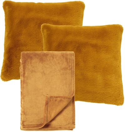 Dutch Decor - VOORDEELSET - 3-delig - Zaya & Harvey - 2 sierkussens 45x45 cm - 1 plaid 150x200 cm - geel