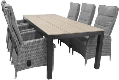 7-delige tuinset | 6 Kos verstelbare stoelen (AG) | 225cm Cyprus tuintafel (Wood)