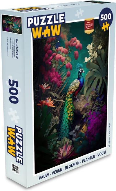 Puzzel Pauw - Veren - Bloemen - Planten - Vogel - Legpuzzel - Puzzel 500 stukjes