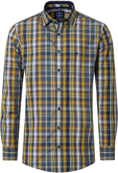 Redmond modern fit overhemd - structuur - blauw met geel en wit geruit - Strijkvriendelijk - Boordmaat: 39 - 40