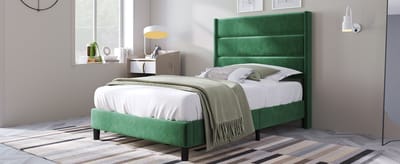 Softbed 90x200 - Eenpersoonsbed Met Lattenbodem - Velours Stoffering In Donkergroen - Modern Design Met Gestikt Hoofdbord - Voor Tienerkamer Of Slaapkamer
