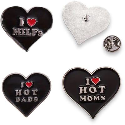 Humoristische Hart Pins – Set van 3 | “I  MILFs”, “I  Hot Dads”, “I  Hot Moms”