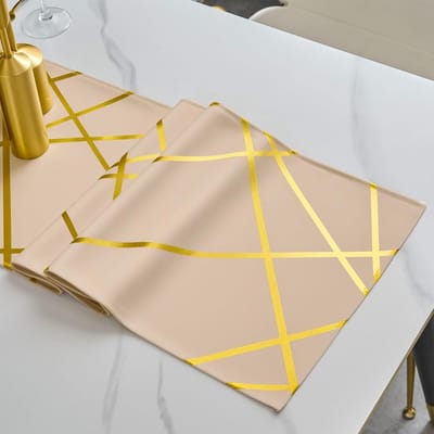Tafelloper, modern, beige, crème, glanzend, goud, geometrie, 33 x 100 cm, afwasbaar, kort, landhuisstijl, tafelkleed, decoratief voor salontafel, eettafel, keuken, party, bruiloft
