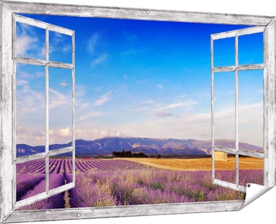 Gards Tuinposter Doorkijk Raam met Lavendel Veld - 180x120 cm - Tuindoek - Tuindecoratie - Wanddecoratie buiten - Tuinschilderij